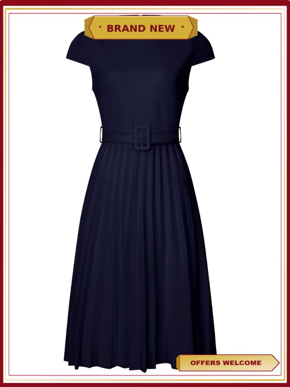 Mock Neck Cap Sleeve Belted Pleated A-Line Knee-Length Dress